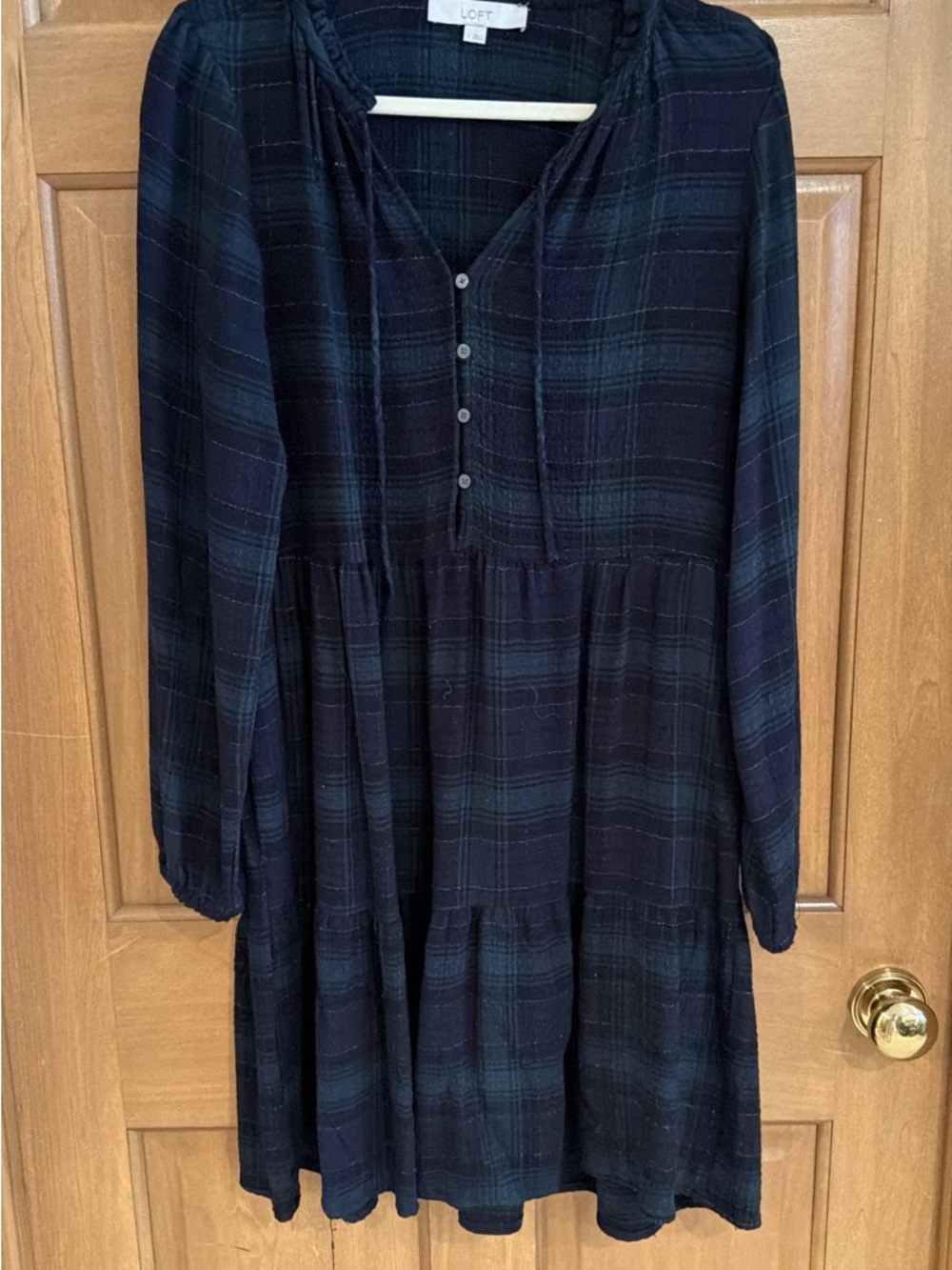 LOFT Navy and Deep Green Plaid Button-Front Tunic Dress